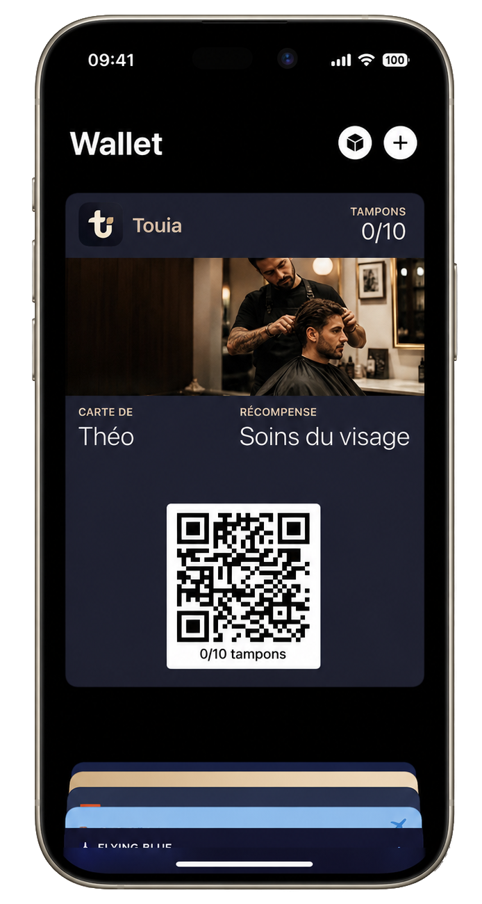 Carte de fidélité Touia affichée dans Apple Wallet sur iPhone